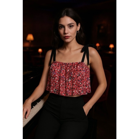 SALONI Silk Floral Square Neck Sleeveless Tie Strap Pleat Ruffle Cami Crop Top 2 - Picture 1 of 8